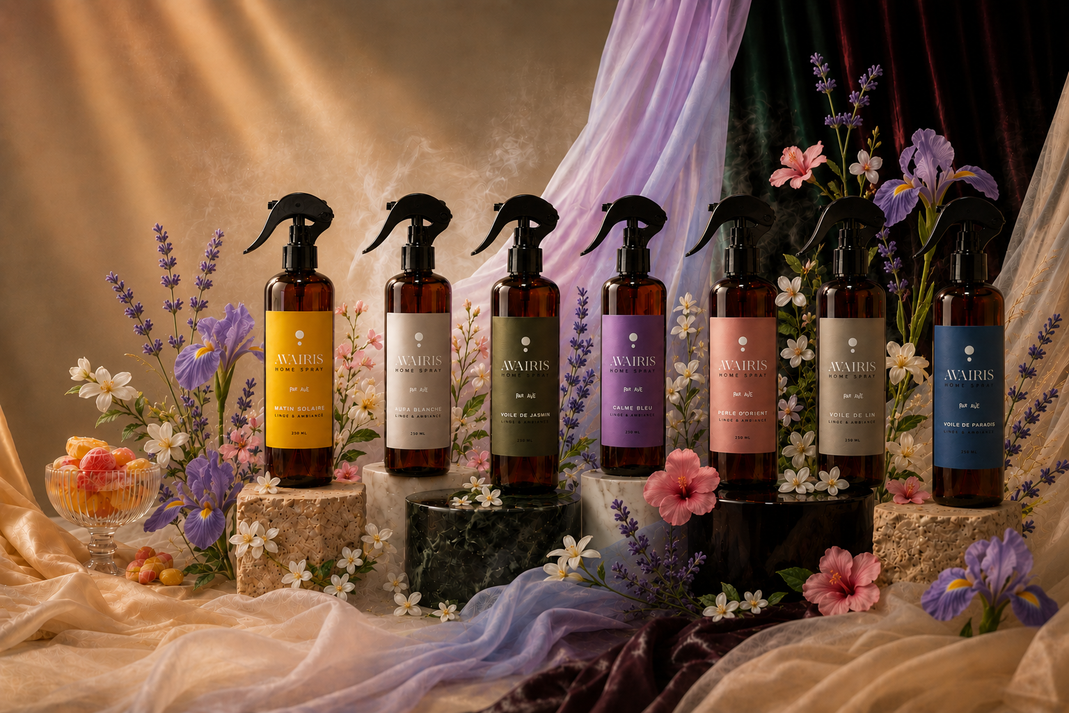 Les six sprays AVAIRIS alignés sur des socles de pierre et de marbre, entourés de voiles clairs, de fleurs de jasmin et de cerisier