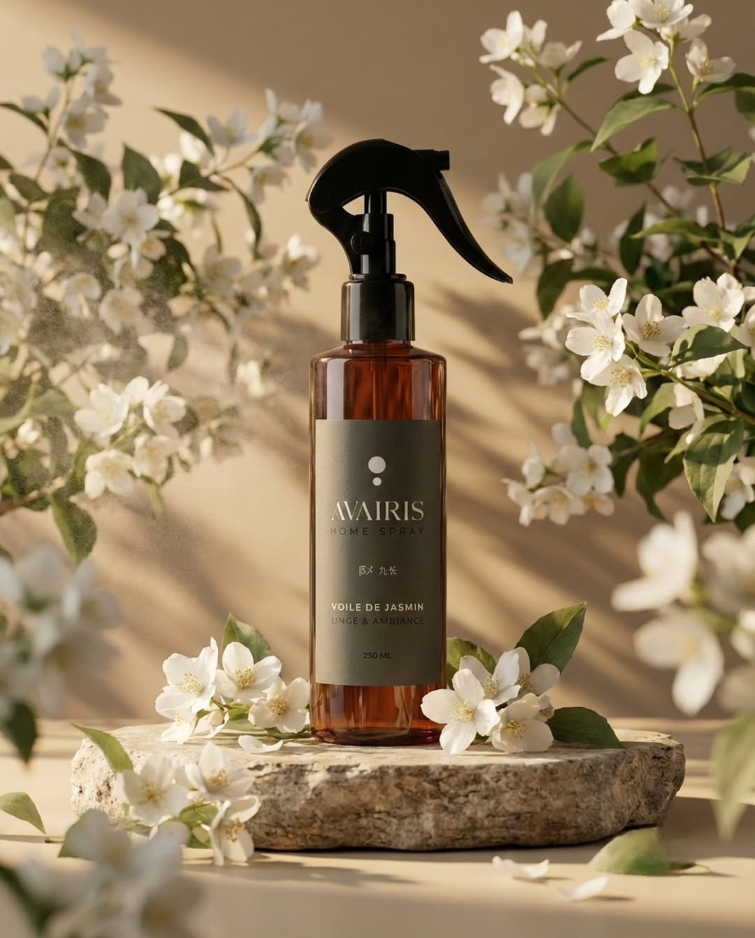 Flacon AVAIRIS Voile de Jasmin sur une pierre claire, entouré de fleurs de jasmin
